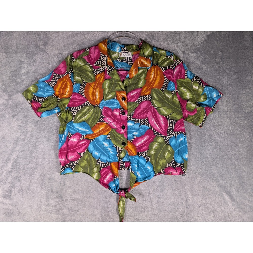 Vintage Cristin Stevens Petite Tropical Leaf Print Front Tie Crop Top Blouse